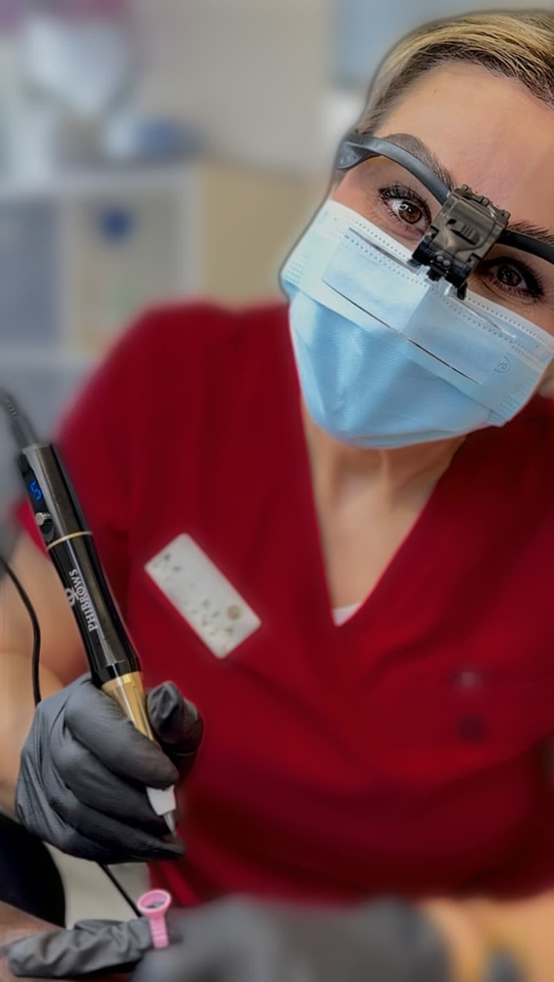 Mana, founder of Mana Semipermanent, performing precision microblading using magnifying loupes at the studio in Jesmond, Newcastle upon Tyne.