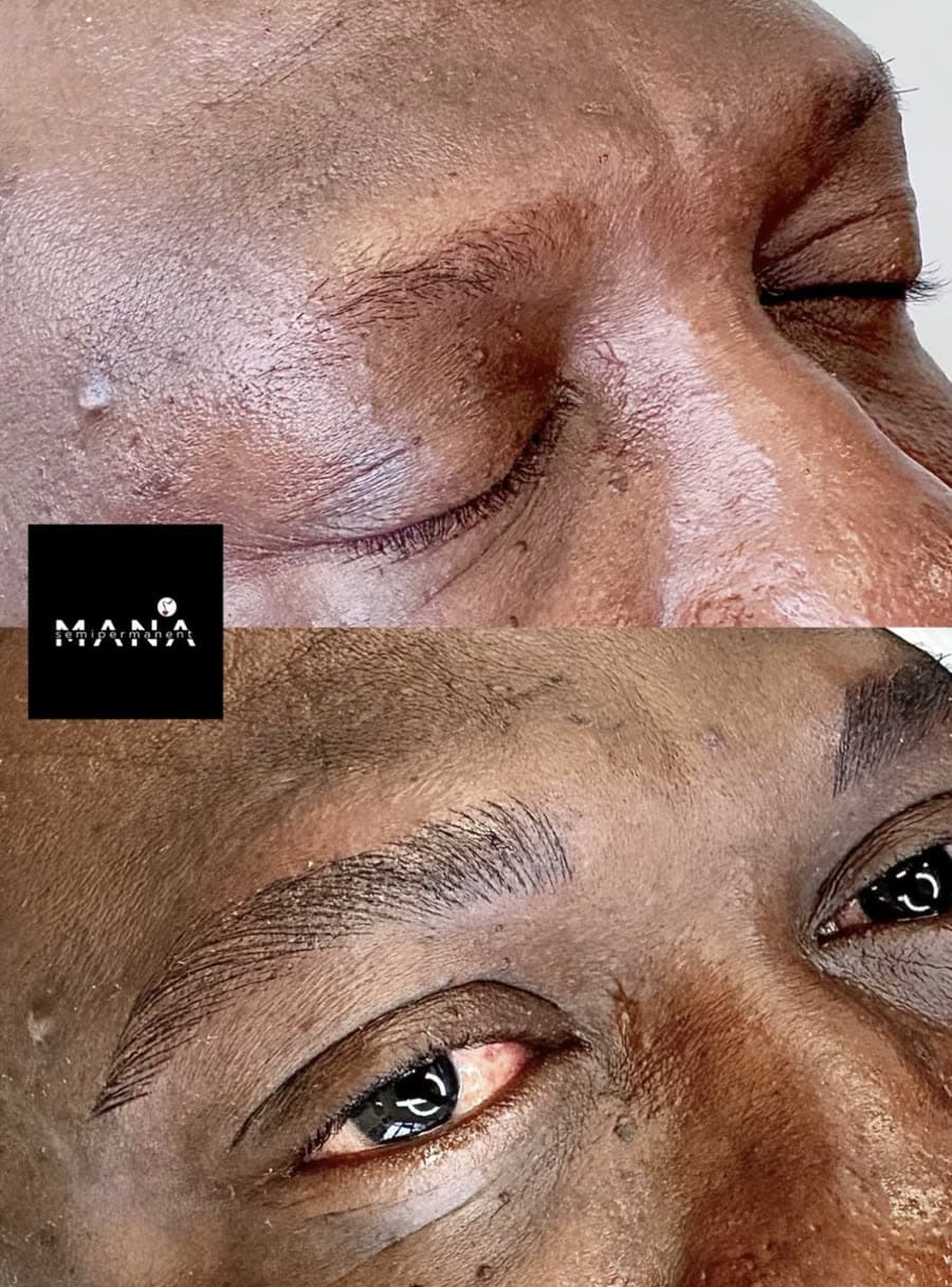 Defined Eyebrow Microblading Result Uneven brows reshaped into full, natural hair-stroke brows by Mana Semipermanent in Jesmond, Newcastle upon Tyne.
