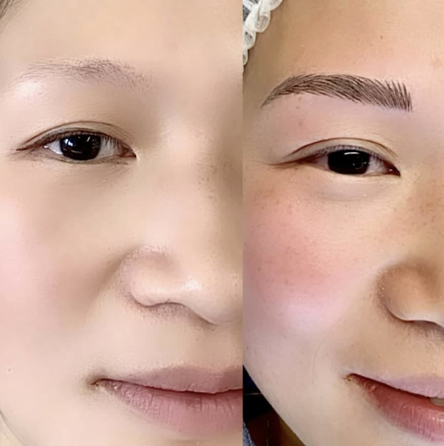 Full Face Eyebrow Transformation Complete eyebrow microblading before and after showing facial balance change, treatment at Mana Semipermanent, Jesmond, Newcastle.