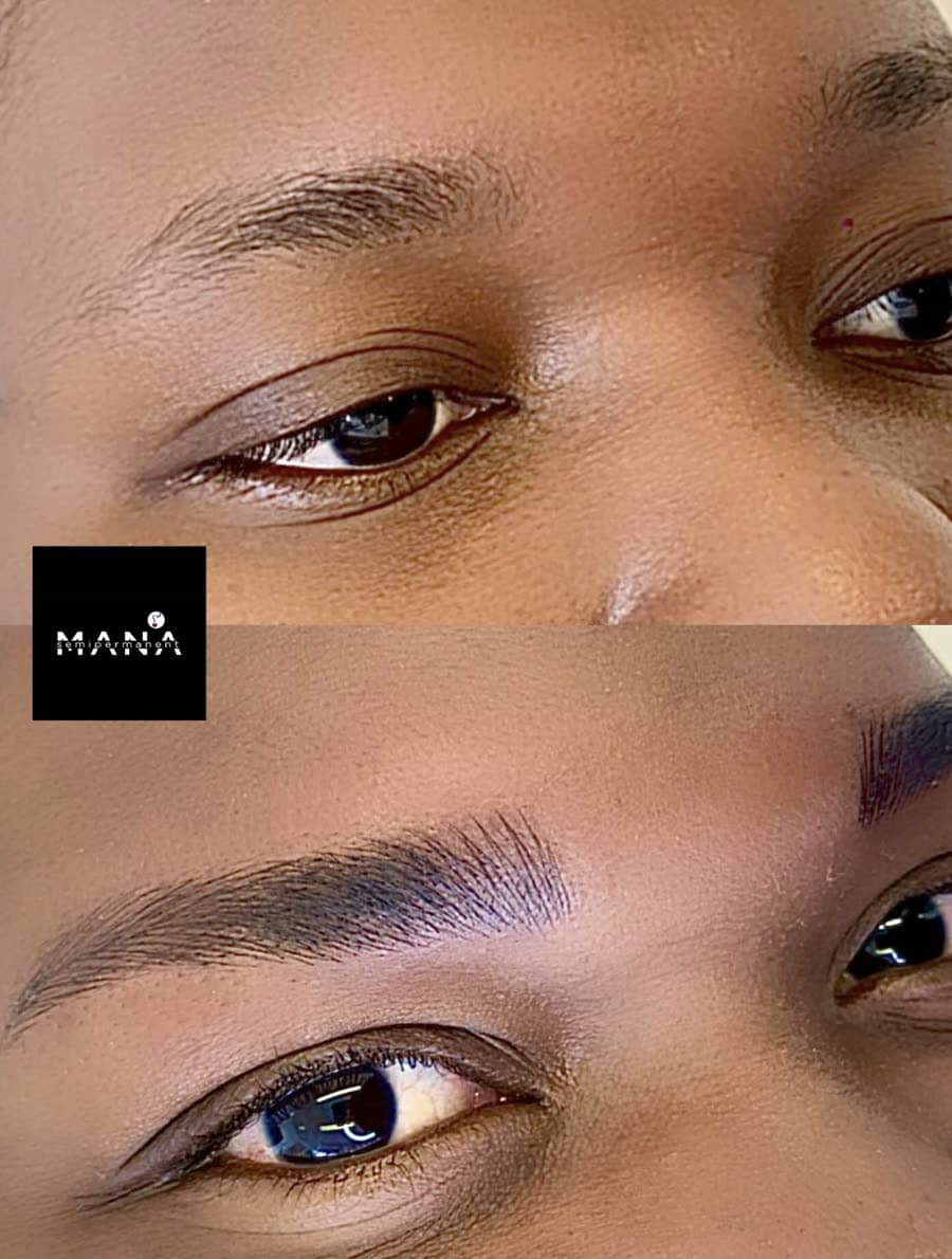 Microbladed Brows on Deeper Skin Tone Soft, natural eyebrow microblading result on deeper skin tone, carried out at Mana Semipermanent in Jesmond, Newcastle upon Tyne.