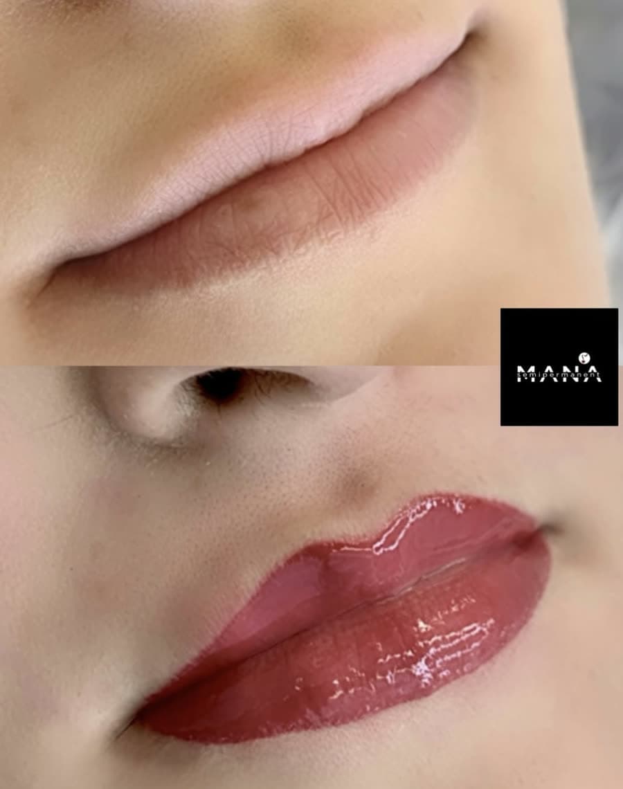 Lip Blush Before & After – Newcastle Soft lip blush tattoo enhancing natural lip colour and shape, from our semi-permanent makeup studio in Jesmond, Newcastle.