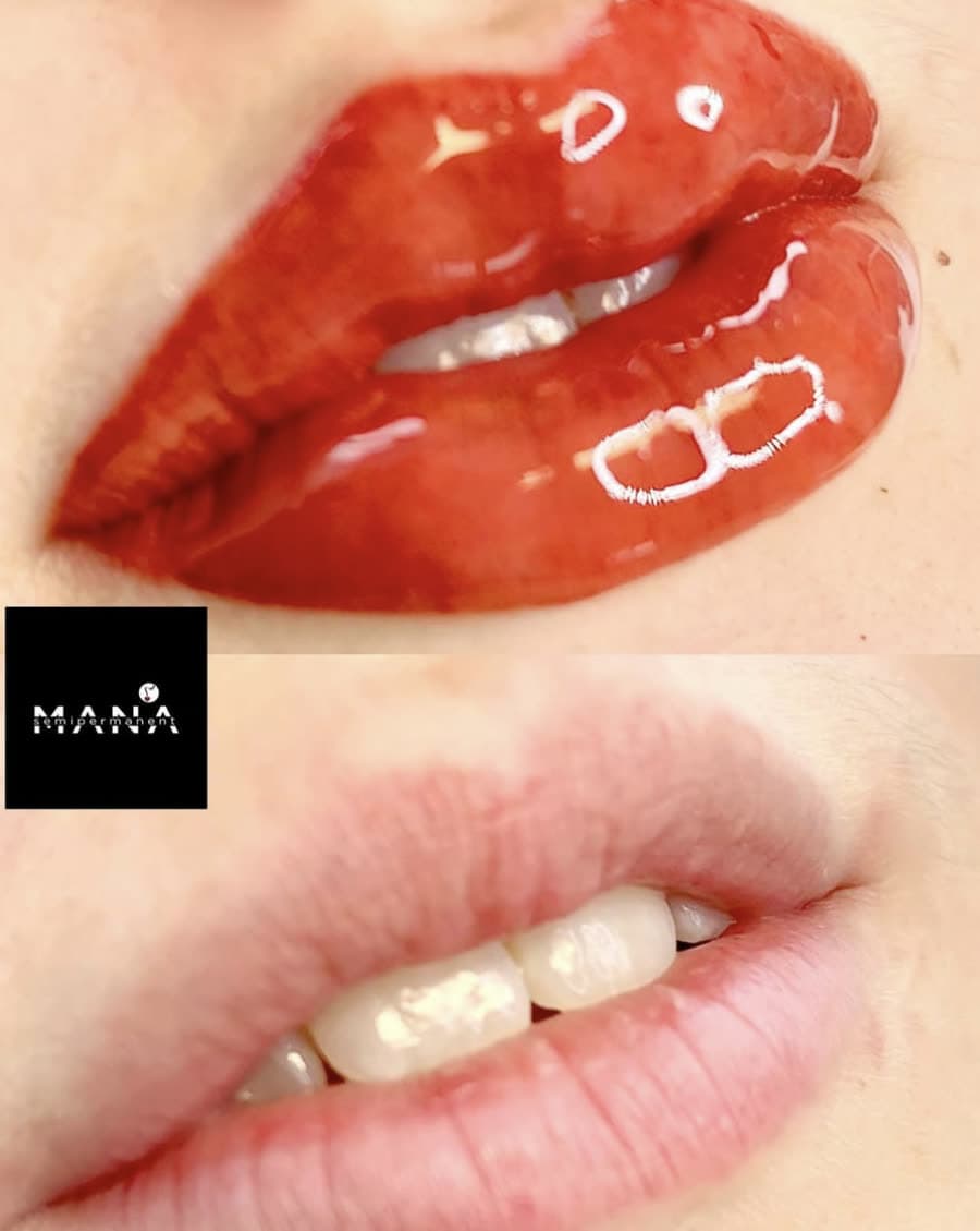 Lip Blush Colour Result – Before & After Pale lips enhanced with vibrant lip blush colour at Mana Semipermanent, the semi-permanent makeup studio in Jesmond, Newcastle.