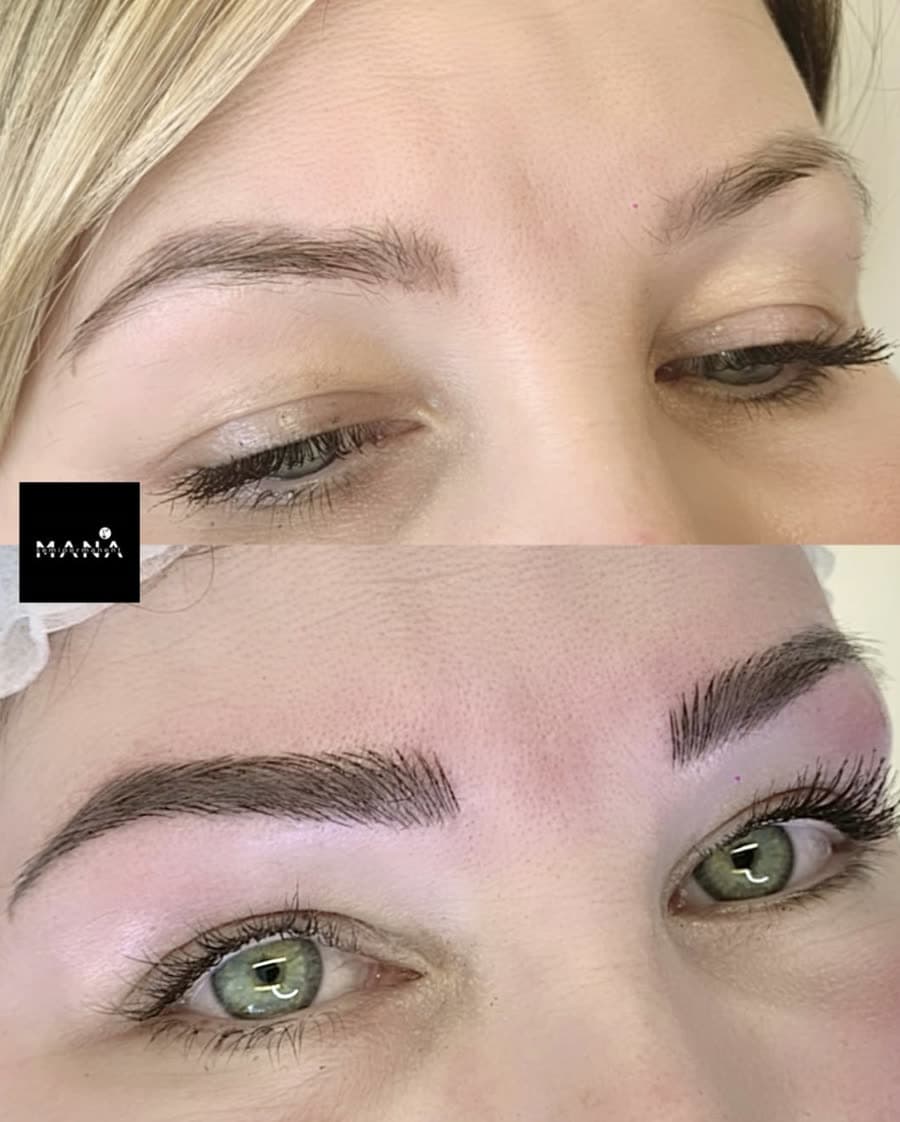 Soft Ombré Brows Result Natural ombré eyebrow microblading enhancing green eyes, completed at our semi-permanent makeup studio in Jesmond, Newcastle.